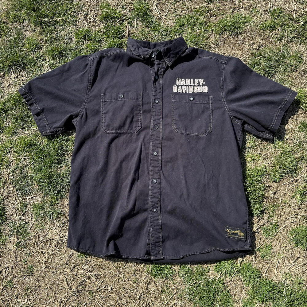 Y2k Harley Davidson Men's Black Large Shirt Short Sleeve Button-Up